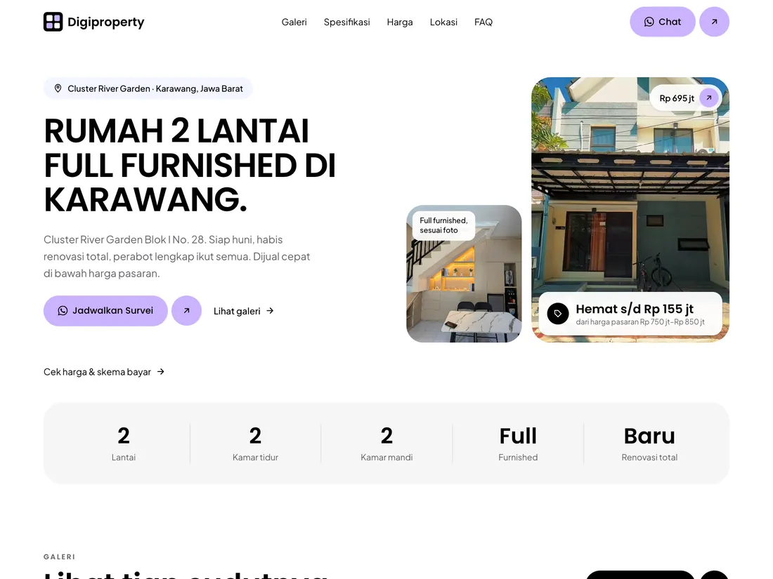 Landing page Digiproperty — rumah 2 lantai full furnished di Karawang
