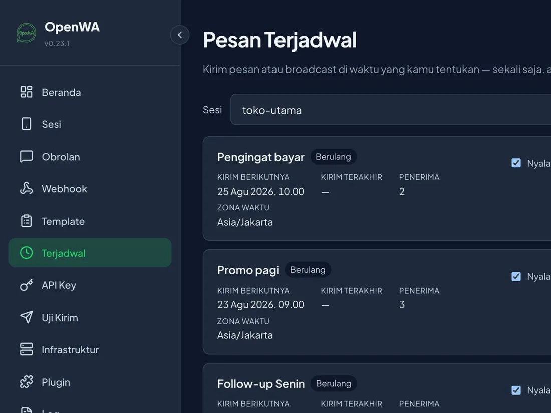Dashboard OpenWA — pesan WhatsApp terjadwal