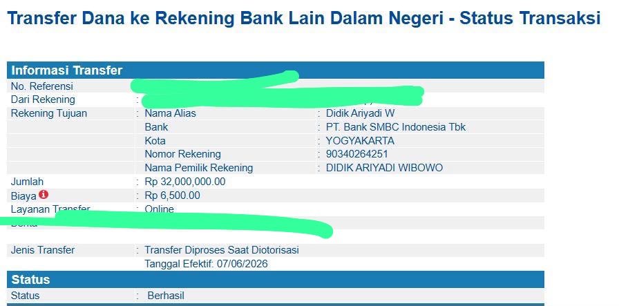 Bukti transfer bank sebesar Rp32.000.000 dengan status berhasil